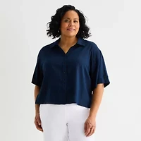 Liz Claiborne Linen Womens Plus Short Sleeve Blouse