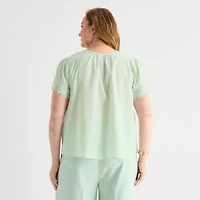Liz Claiborne Womens Plus Keyhole Neck Short Sleeve Blouse
