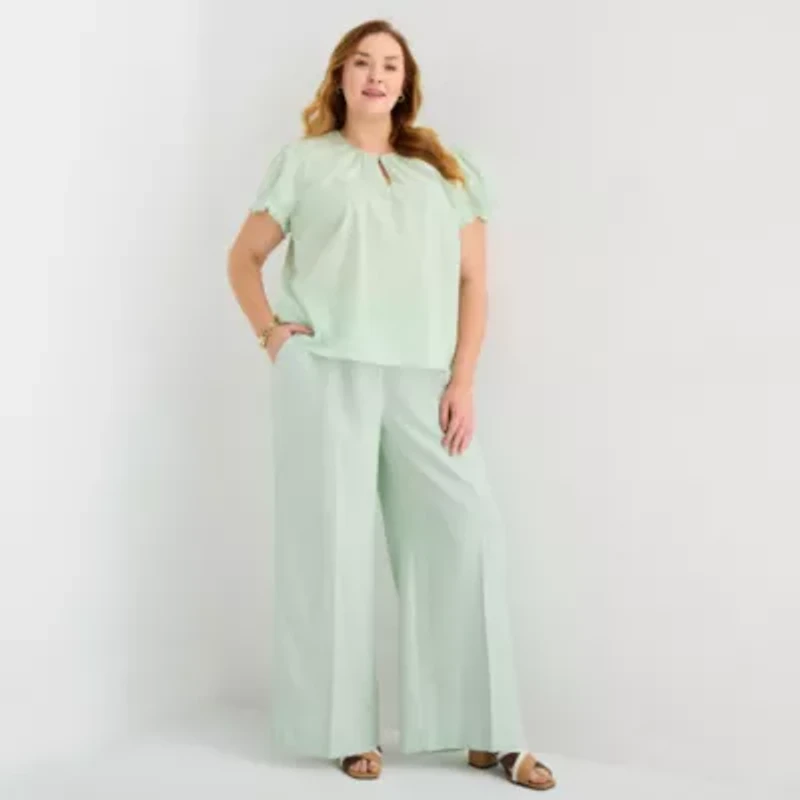 Liz Claiborne Womens Plus Keyhole Neck Short Sleeve Blouse