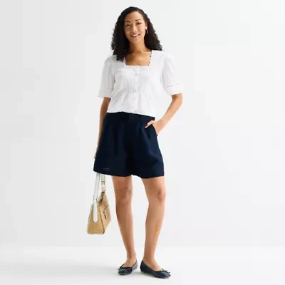 Liz Claiborne Linen Womens Mid Rise Pleated Short