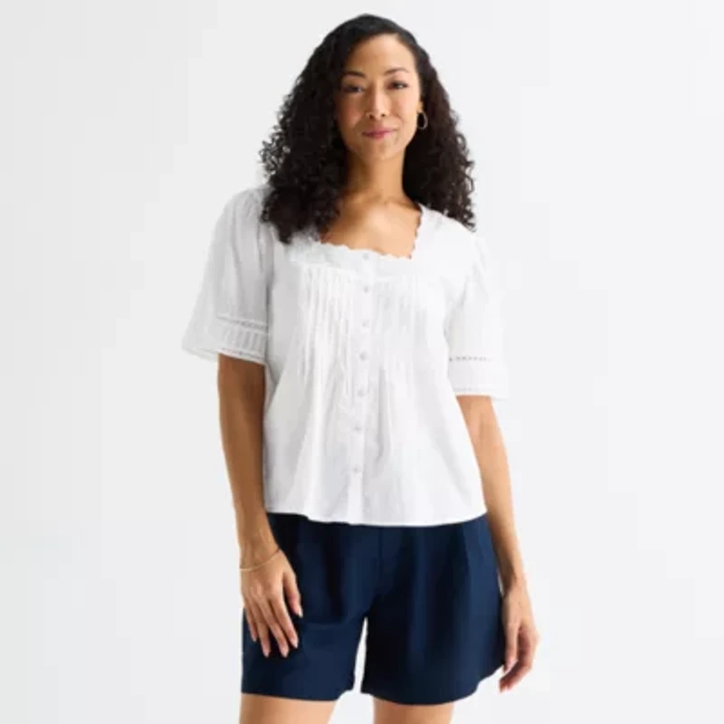 Liz Claiborne Womens Square Neck Short Sleeve Blouse
