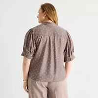 Liz Claiborne Womens Plus Mock Neck Short Sleeve Blouse