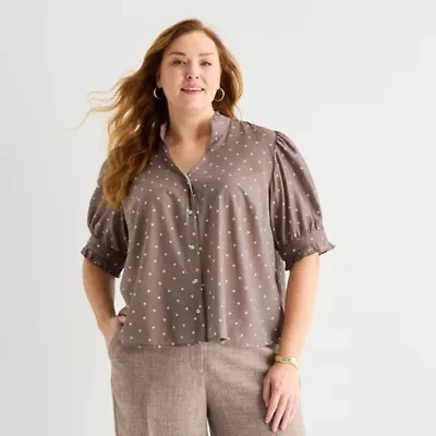 Liz Claiborne Womens Plus Mock Neck Short Sleeve Blouse