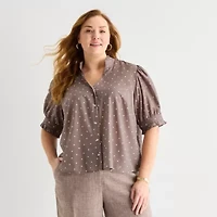 Liz Claiborne Womens Plus Mock Neck Short Sleeve Blouse