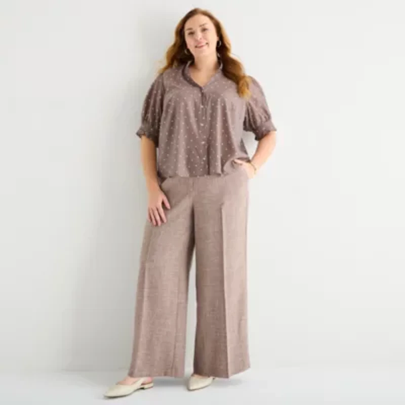 Liz Claiborne Womens Plus Mock Neck Short Sleeve Blouse