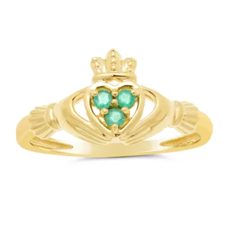 Heart-Shaped Genuine Emerald 10K Yellow Gold Claddagh Ring