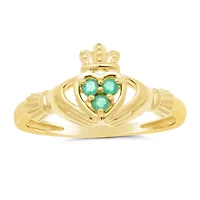 Heart-Shaped Genuine Emerald 10K Yellow Gold Claddagh Ring