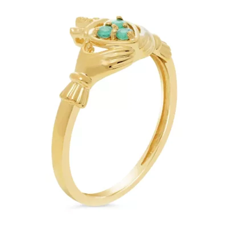Heart-Shaped Genuine Emerald 10K Yellow Gold Claddagh Ring