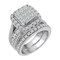 Womens 3 CT. T.W. Genuine White Diamond 10K White Gold Cushion Side Stone Halo Bridal Set