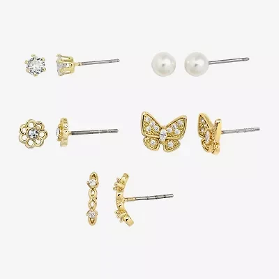 Sparkle Allure Womens Simulated Pearl 14K Gold Over Brass Butterfly Flower 5 Pair Earring Set