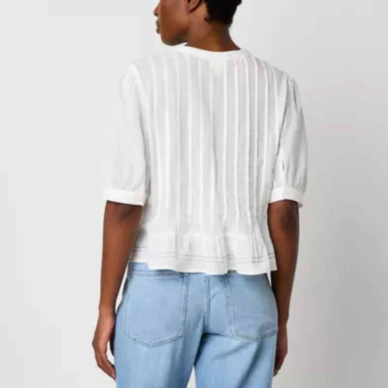 a.n.a Pleated Womens Split Crew Neck Elbow Sleeve Button Down Blouse