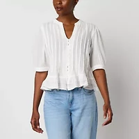 a.n.a Pleated Womens Split Crew Neck Elbow Sleeve Button Down Blouse