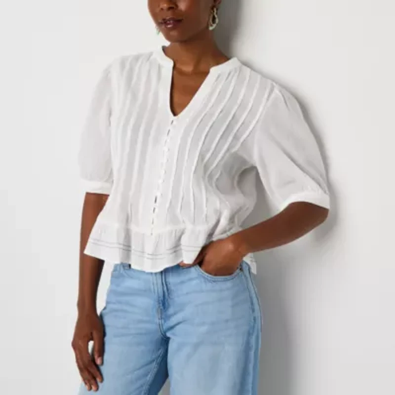 a.n.a Pleated Womens Split Crew Neck Elbow Sleeve Button Down Blouse