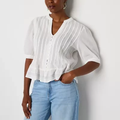 a.n.a Pleated Womens Split Crew Neck Elbow Sleeve Button Down Blouse
