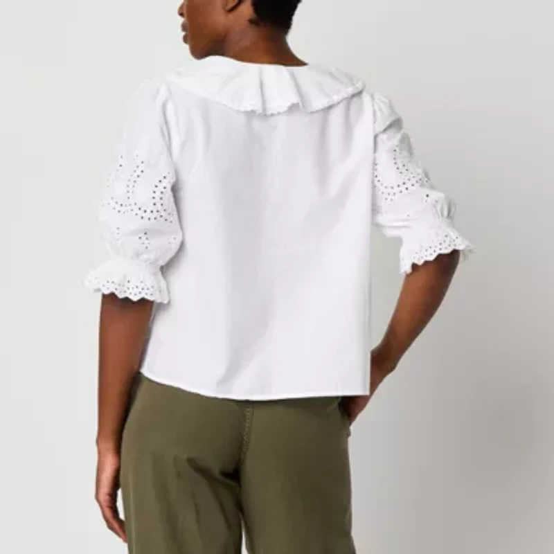 a.n.a Womens V Neck Short Sleeve Embroidered Blouse