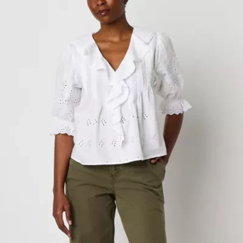 a.n.a Womens V Neck Short Sleeve Embroidered Blouse