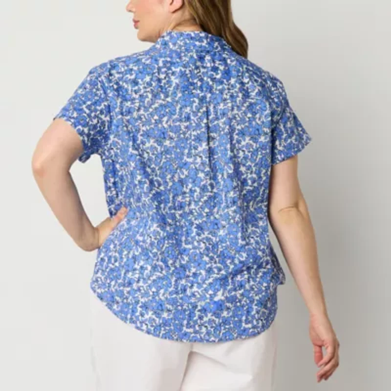St. John's Bay Womens Short Sleeve Roll Regular Fit Plus Button-Down Shirt