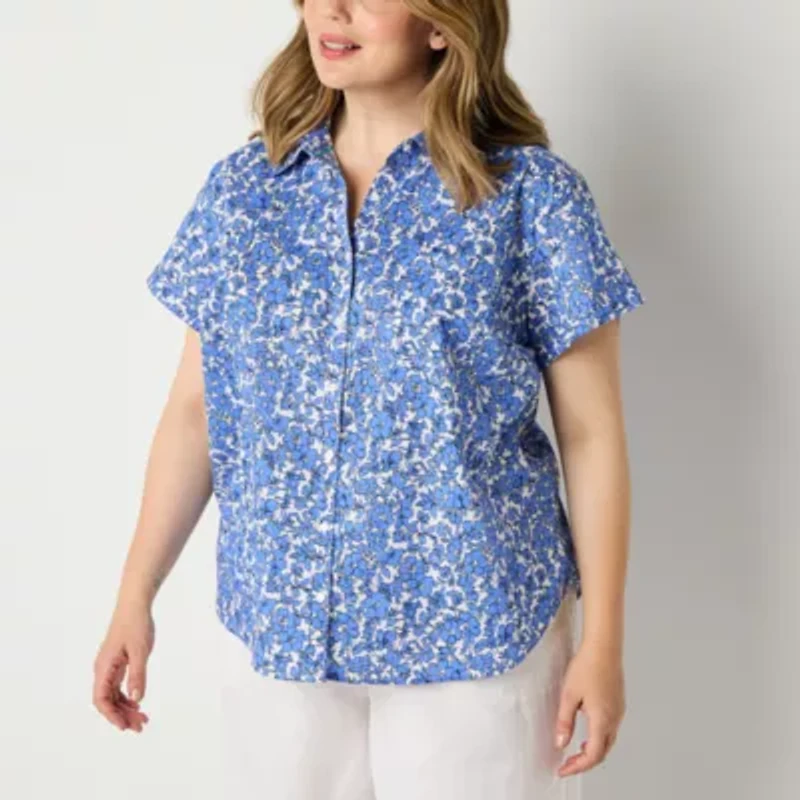 St. John's Bay Womens Short Sleeve Roll Regular Fit Plus Button-Down Shirt