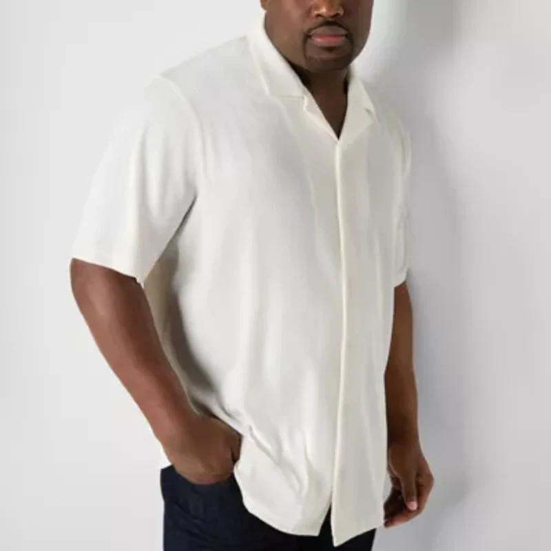 Shaquille O'Neal XLG Textured Mens Short Sleeve Regular Fit Big and Tall Button-Down Shirt