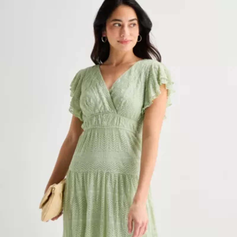 Rabbit Design Womens Short Sleeve Lace Midi Fit + Flare Dress