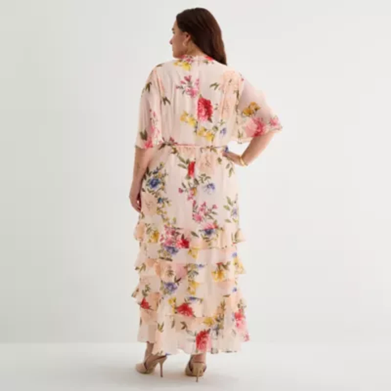 Melonie T Womens Plus Short Sleeve Floral Maxi Dress