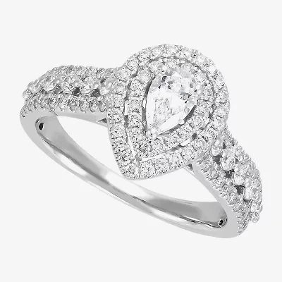 (G-I / I1) Womens 1 CT. T.W. Natural White Diamond 14K White Gold Pear Side Stone Halo Engagement Ring