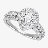 (G-I / I1) Womens 1 CT. T.W. Natural White Diamond 14K White Gold Pear Side Stone Halo Engagement Ring