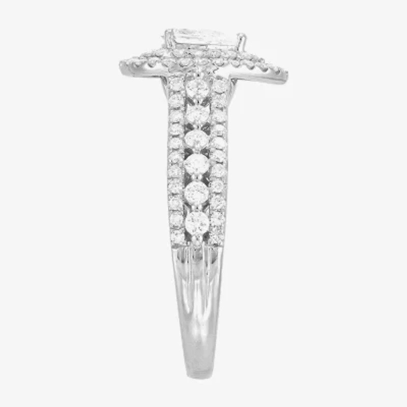 (G-I / I1) Womens 1 CT. T.W. Natural White Diamond 14K White Gold Pear Side Stone Halo Engagement Ring