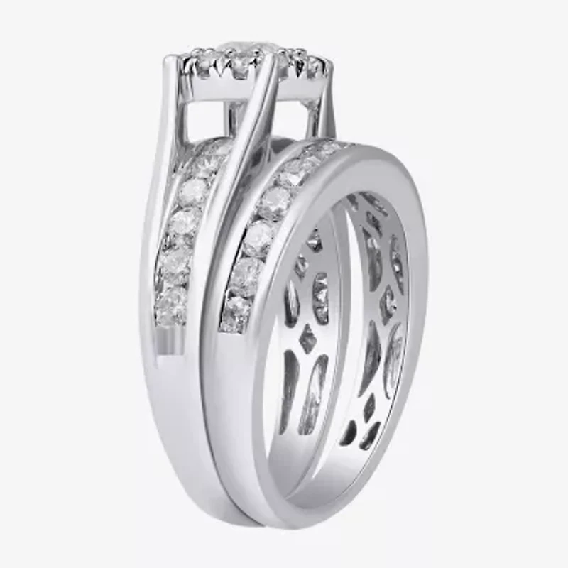 (G, Si2) Womens 2 CT. T.W. Lab Grown White Diamond 10K Gold Round Side Stone Halo Bridal Set