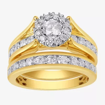 (G, Si2) Womens 2 CT. T.W. Lab Grown White Diamond 10K Gold Round Side Stone Halo Bridal Set
