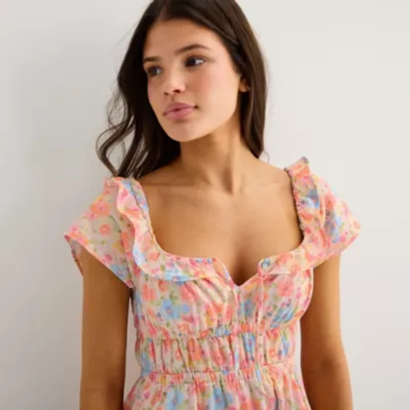 Arizona Womens Juniors Short Sleeve Floral Empire Waist Dress