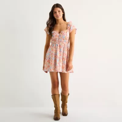 Arizona Womens Juniors Short Sleeve Floral Empire Waist Dress