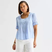 Liz Claiborne Womens Square Neck Short Sleeve Blouse
