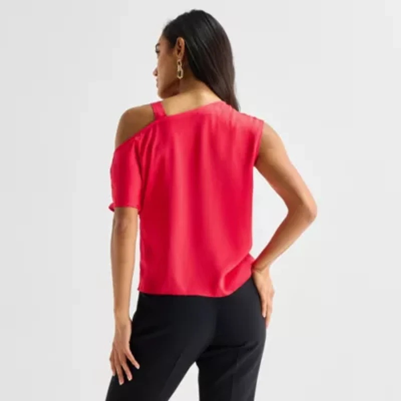 Bold Elements Womens Asymmetrical Neck Short Sleeve Satin Blouse