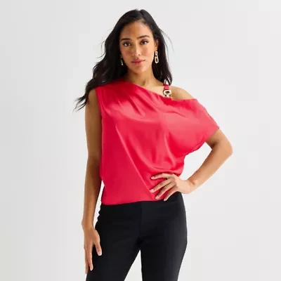 Bold Elements Womens Asymmetrical Neck Short Sleeve Satin Blouse