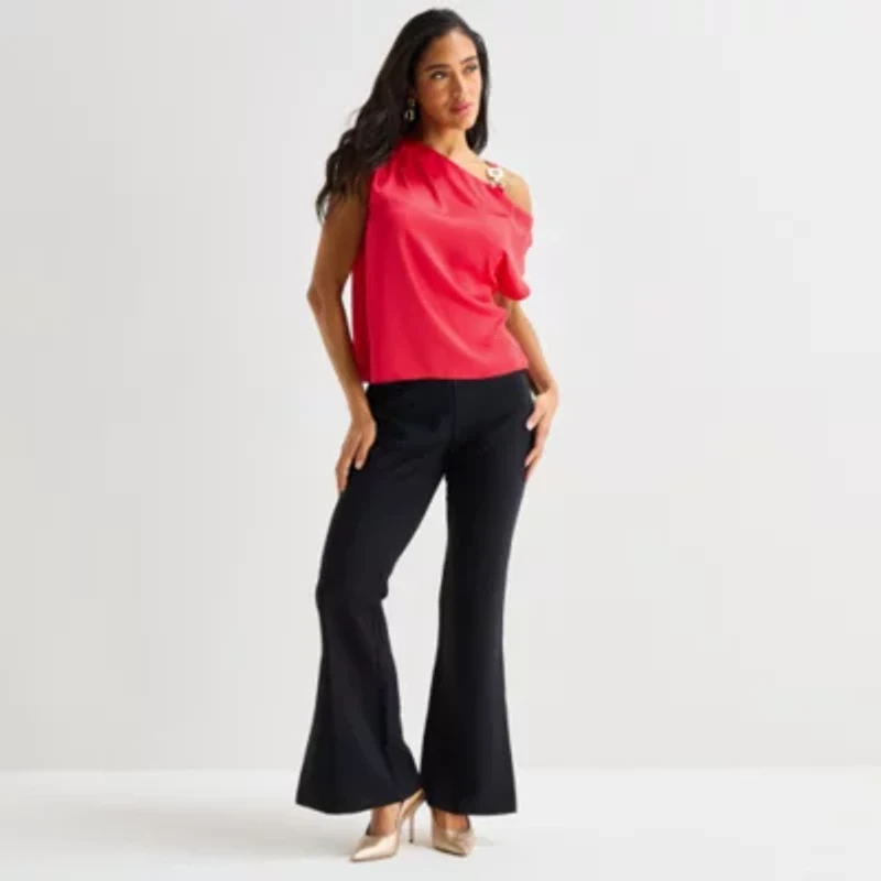 Bold Elements Womens Asymmetrical Neck Short Sleeve Satin Blouse