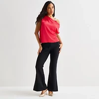 Bold Elements Womens Asymmetrical Neck Short Sleeve Satin Blouse