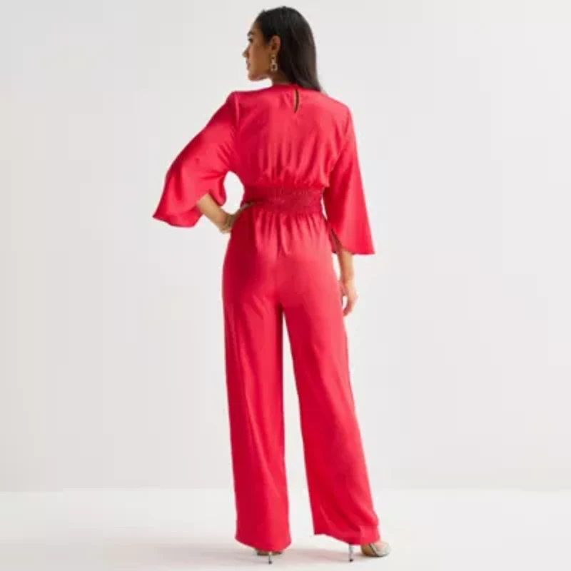 Bold Elements Womens V Neck Elbow Sleeve Satin Jumpsuit
