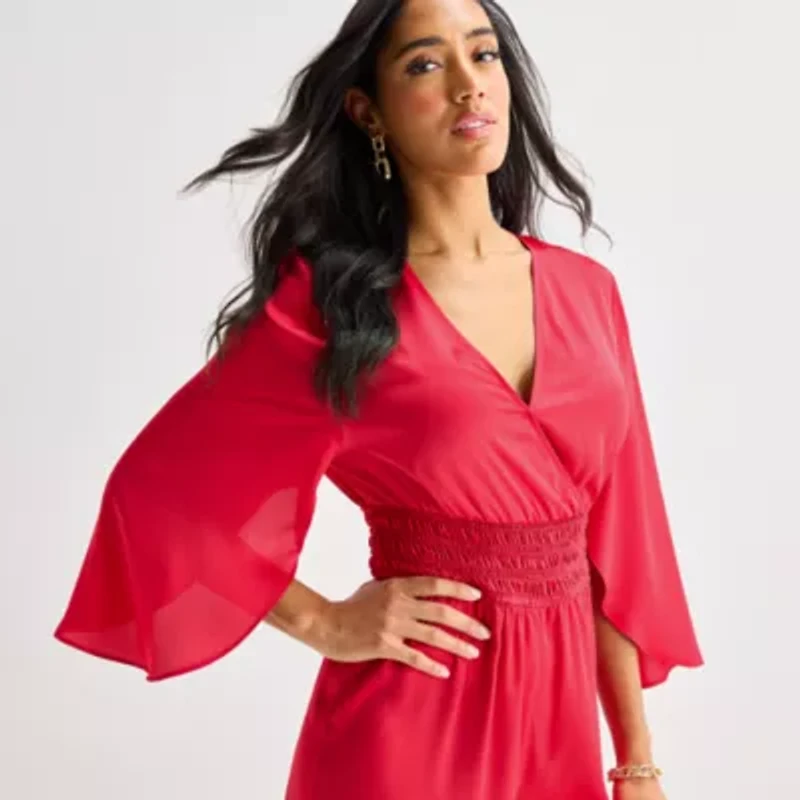 Bold Elements Womens V Neck Elbow Sleeve Satin Jumpsuit