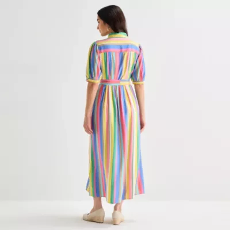 St. John's Bay Womens Belted Elbow Sleeve Midi Striped Shirt Dress