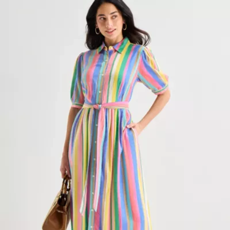 St. John's Bay Womens Belted Elbow Sleeve Midi Striped Shirt Dress