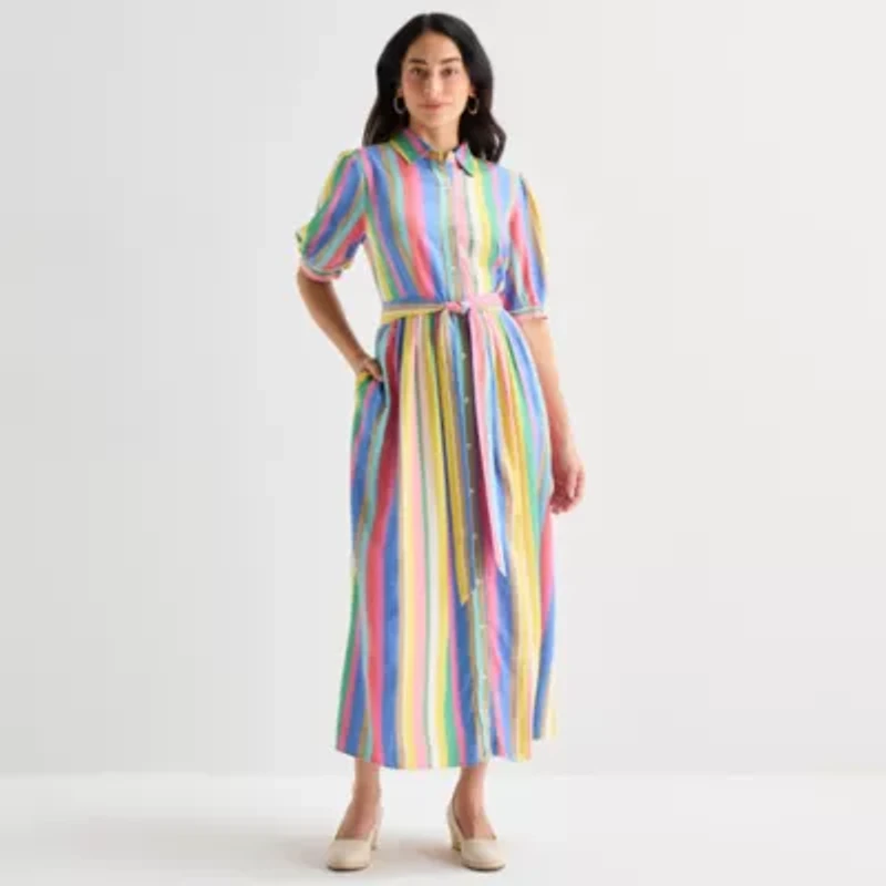 St. John's Bay Womens Belted Elbow Sleeve Midi Striped Shirt Dress