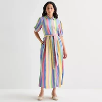 St. John's Bay Womens Belted Elbow Sleeve Midi Striped Shirt Dress