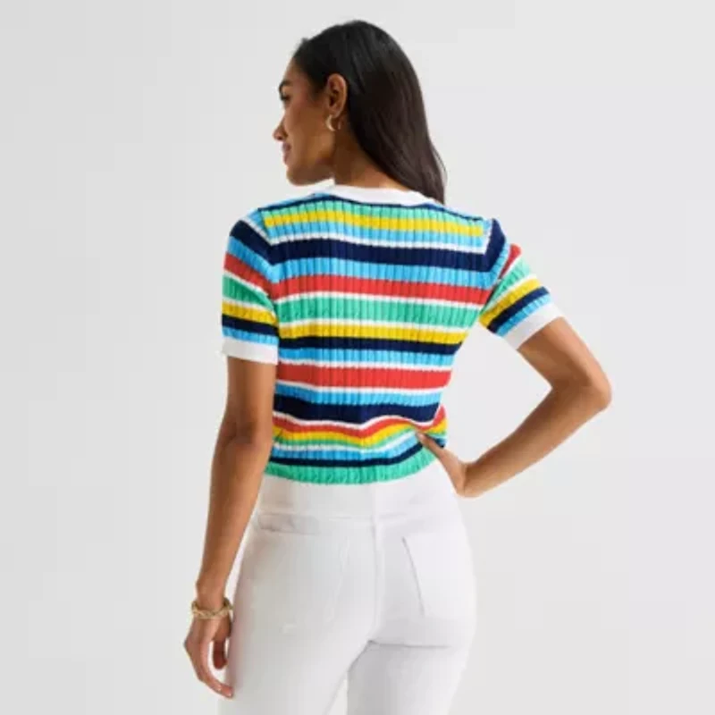 St. John's Bay Womens Crew Neck Short Sleeve Striped Cable Knit Pullover Sweater