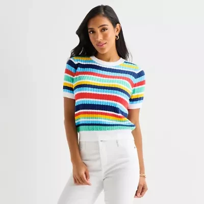 St. John's Bay Womens Crew Neck Short Sleeve Striped Cable Knit Pullover Sweater