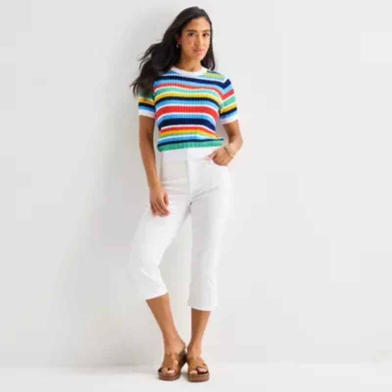 St. John's Bay Womens Crew Neck Short Sleeve Striped Cable Knit Pullover Sweater