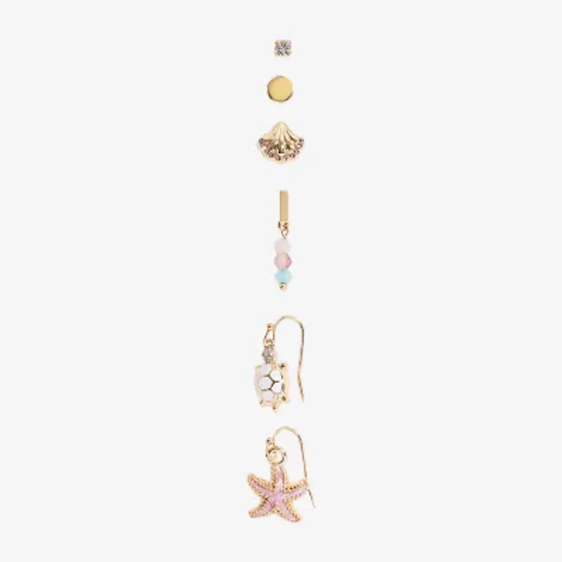 Arizona Gold Tone Starfish Turtle Womens 6 Pair Earring Set