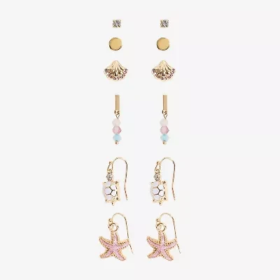 Arizona Gold Tone Starfish Turtle Womens 6 Pair Earring Set