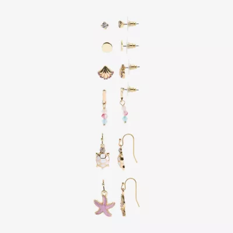 Arizona Gold Tone Starfish Turtle Womens 6 Pair Earring Set