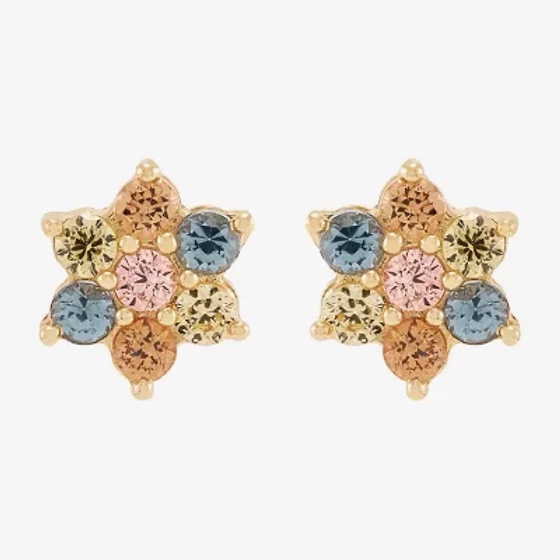 Limited Quantities! Multi Color Cubic Zirconia 14K Gold 6.7mm Flower Stud Earrings